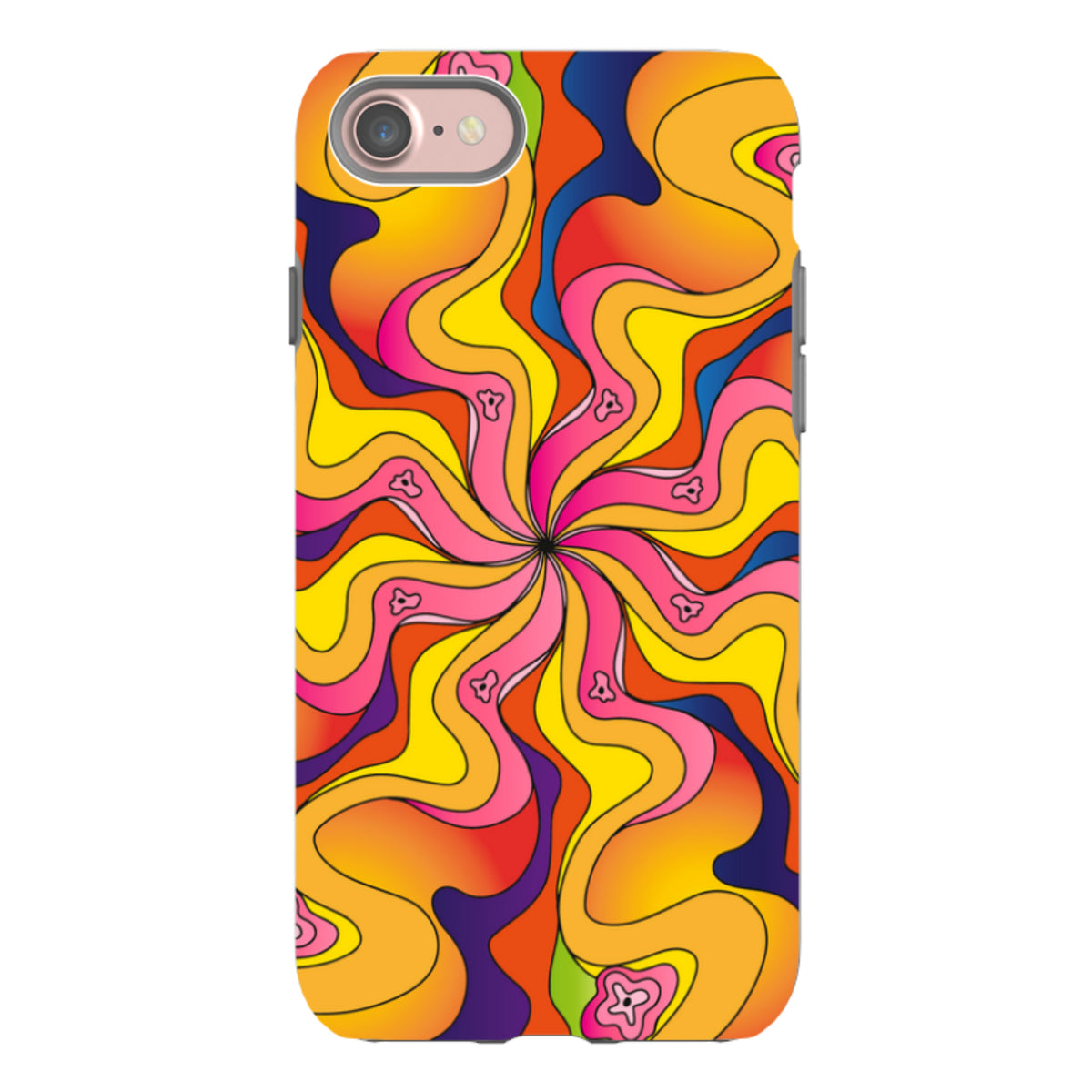 iPhone Tough Case featuring a vibrant, psychedelic swirl pattern in yellow, orange, pink, and blue with small bell icons.