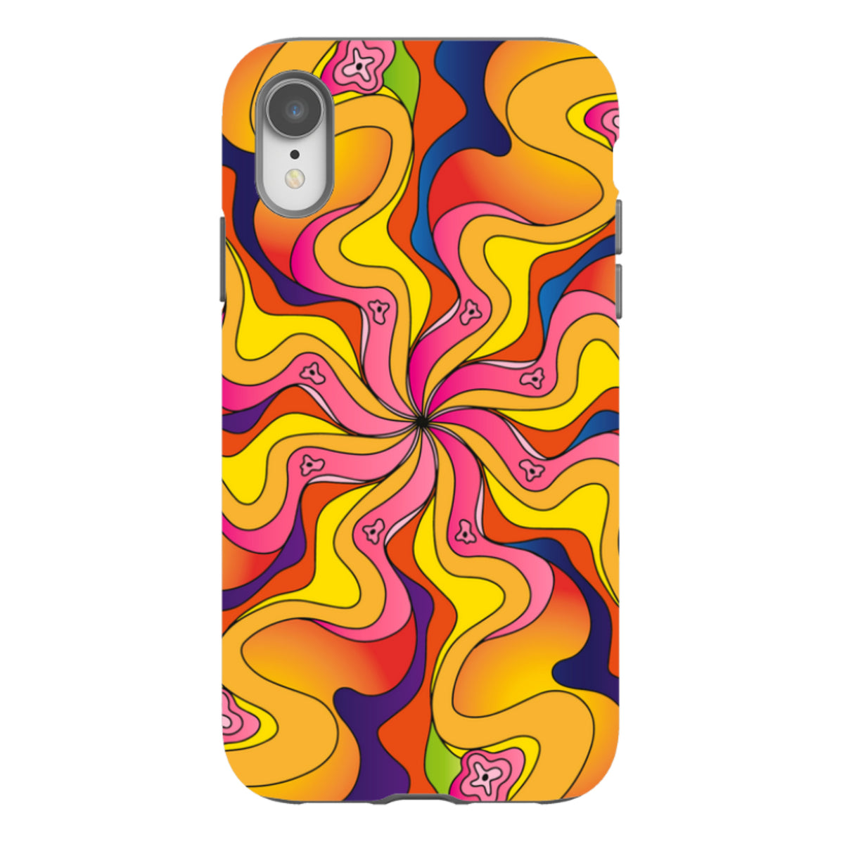 iPhone tough case with a vibrant, psychedelic swirl pattern in orange, yellow, pink, and blue with small bell accents.