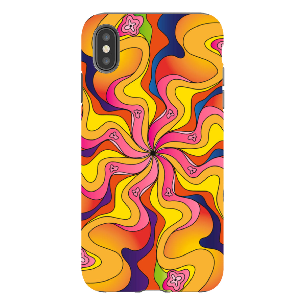 iPhone tough case with a vibrant, psychedelic wavy pattern in yellow, orange, red, and blue with small flower accents.