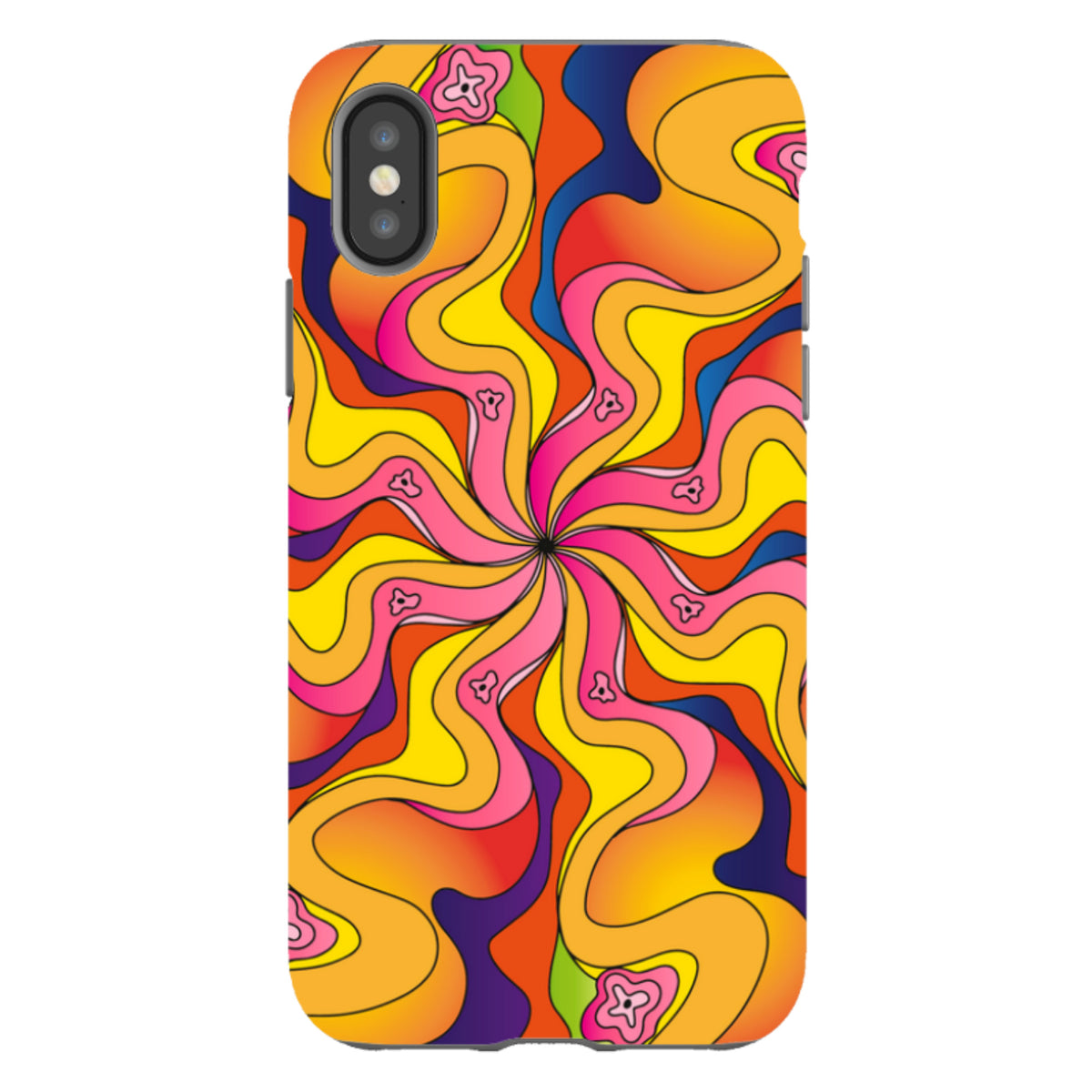 iPhone tough case with a vibrant, psychedelic wavy pattern in yellow, orange, pink, and blue with small flower accents.