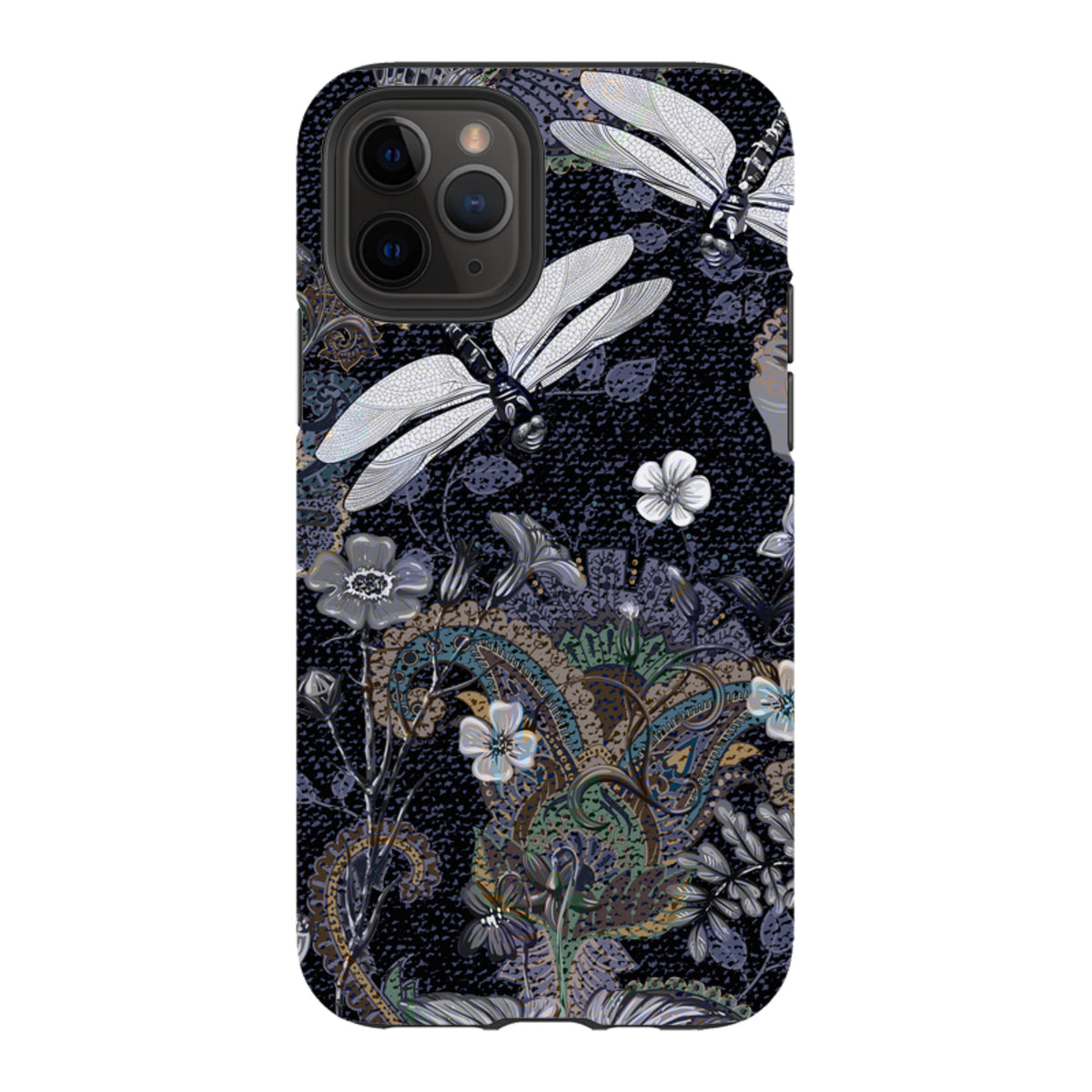Belsay iPhone tough case featuring a dark floral and dragonfly pattern with dual-layer protective construction.