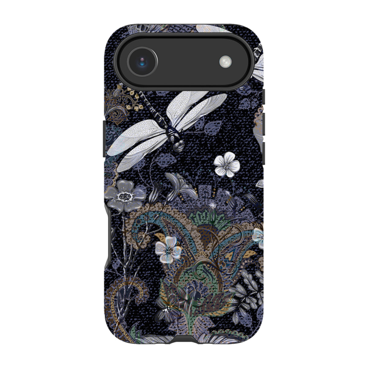 iPhone Tough Case featuring a dark floral and dragonfly print with a durable dual-layer design and raised camera bezel.