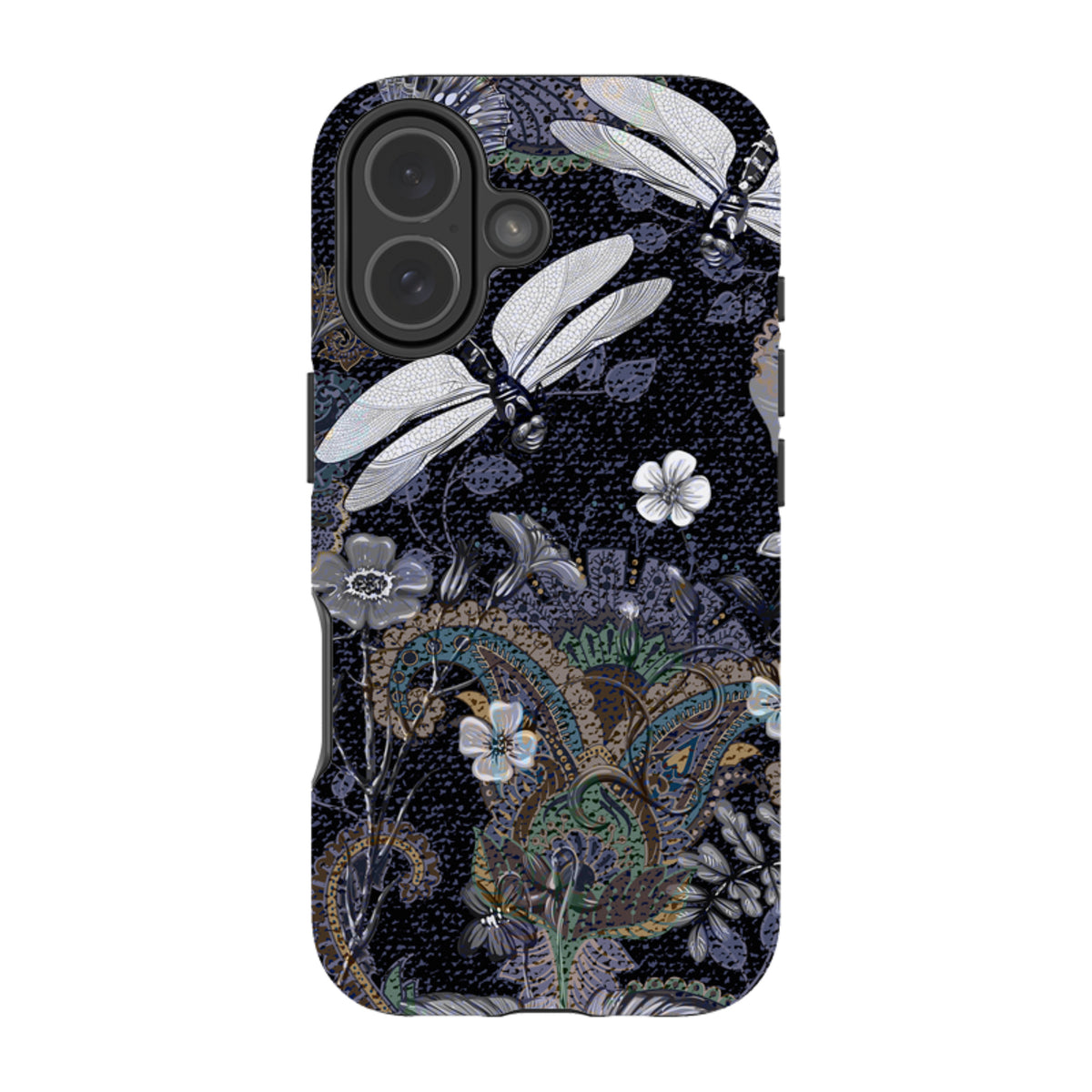 Belsay iPhone tough case with a dark floral paisley pattern and white dragonfly art in a durable dual-layer design.