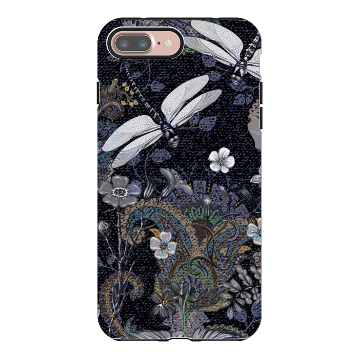 Belsay iPhone tough case featuring a dark floral paisley pattern with white dragonflies and dual-layer protective shell.