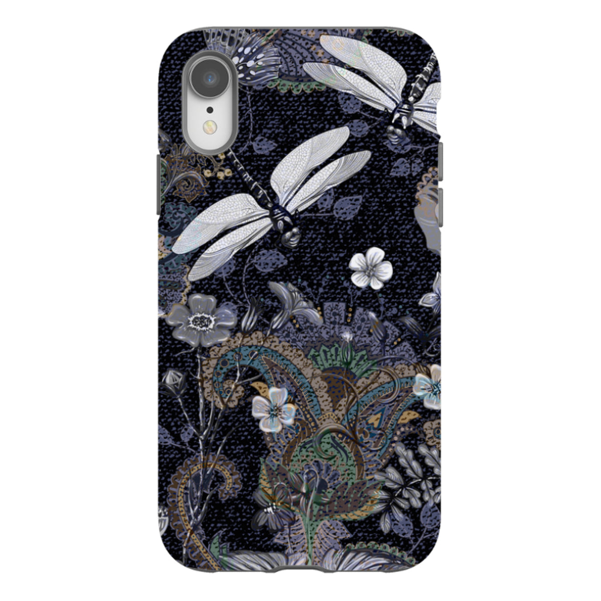 iPhone tough case featuring a dark floral paisley pattern with white dragonflies and a protective dual-layer design.