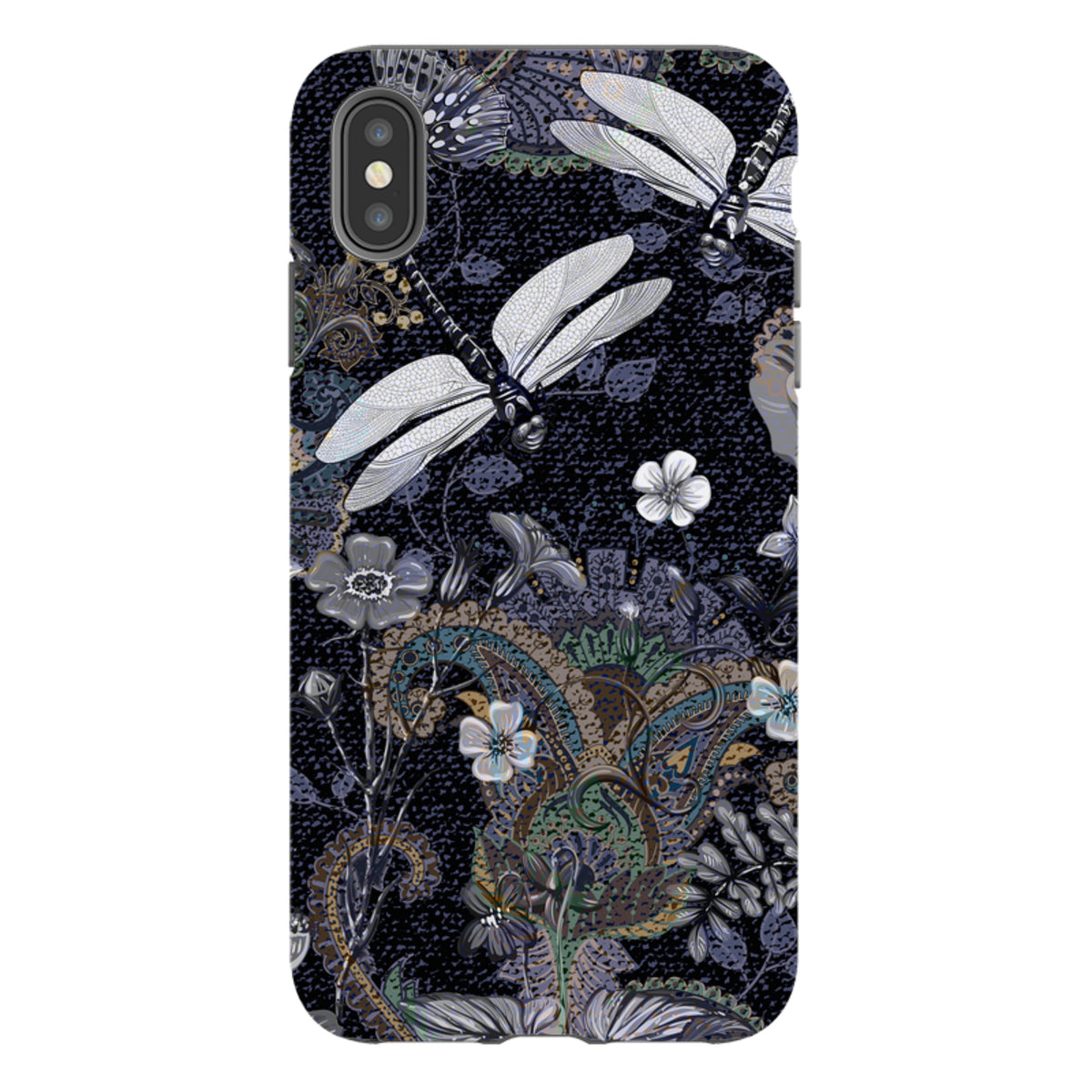 Belsay iPhone tough case with a dark floral paisley pattern and white dragonfly illustrations on a dual-layer shell.