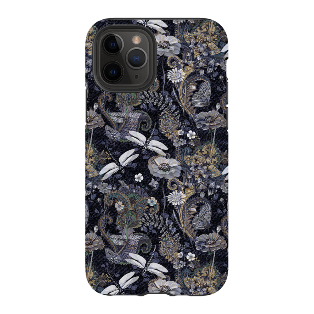 iPhone tough case featuring a dark Belsay floral and dragonfly pattern with a durable dual-layer protective design.