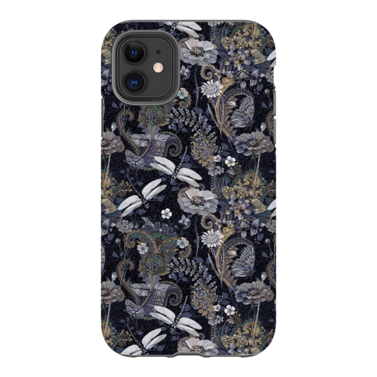 iPhone tough case featuring a dark Belsay floral and dragonfly pattern with a protective dual-layer design.