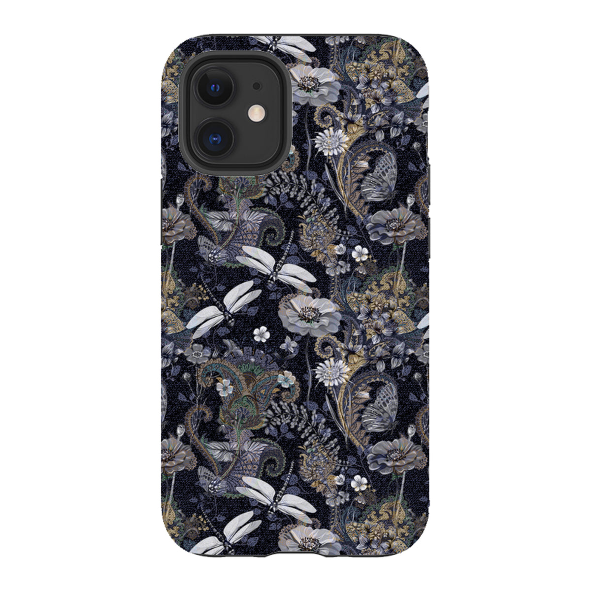 iPhone tough case featuring a dark Belsay floral and dragonfly pattern with a protective dual-layer design.