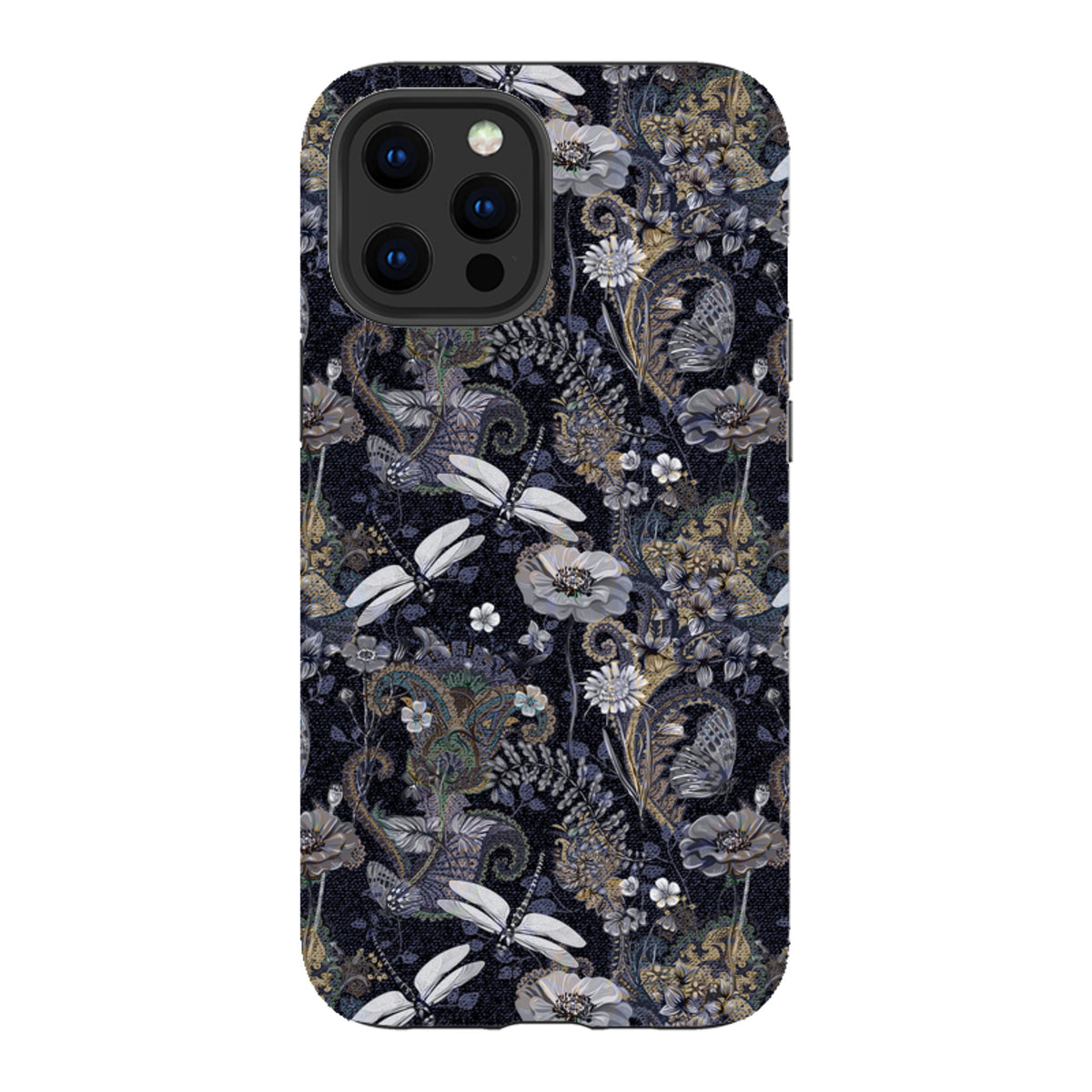 Dual-layer iPhone tough case featuring a dark Belsay pattern with dragonflies, flowers, and intricate paisley motifs.
