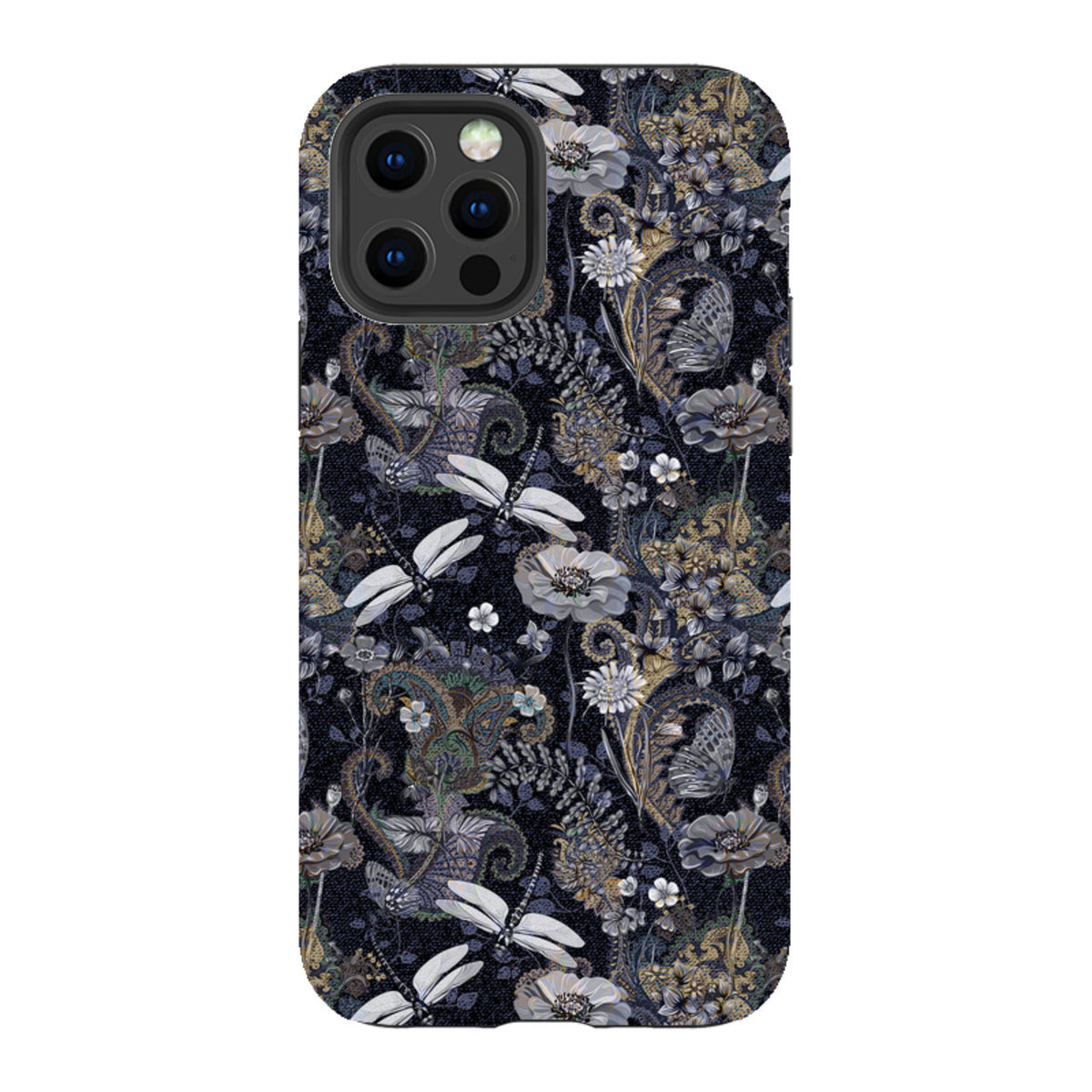 iPhone tough case with a dark Belsay floral and dragonfly pattern, featuring a dual-layer design and precise camera cutout.