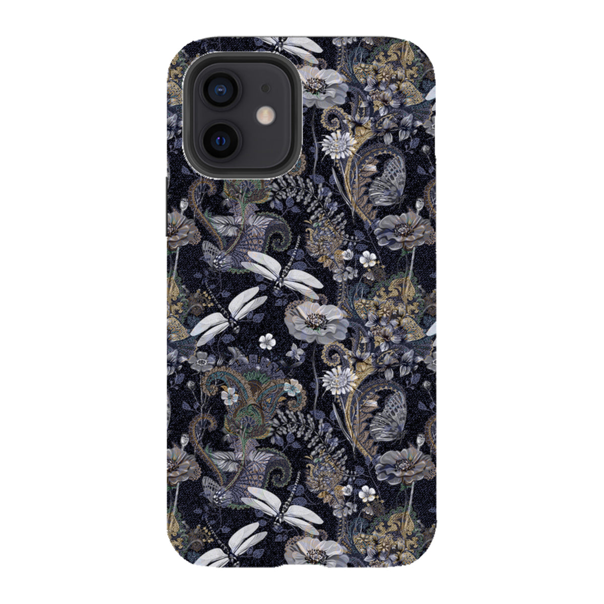 iPhone tough case featuring a dark Belsay floral and dragonfly pattern with a dual-layer protective design.