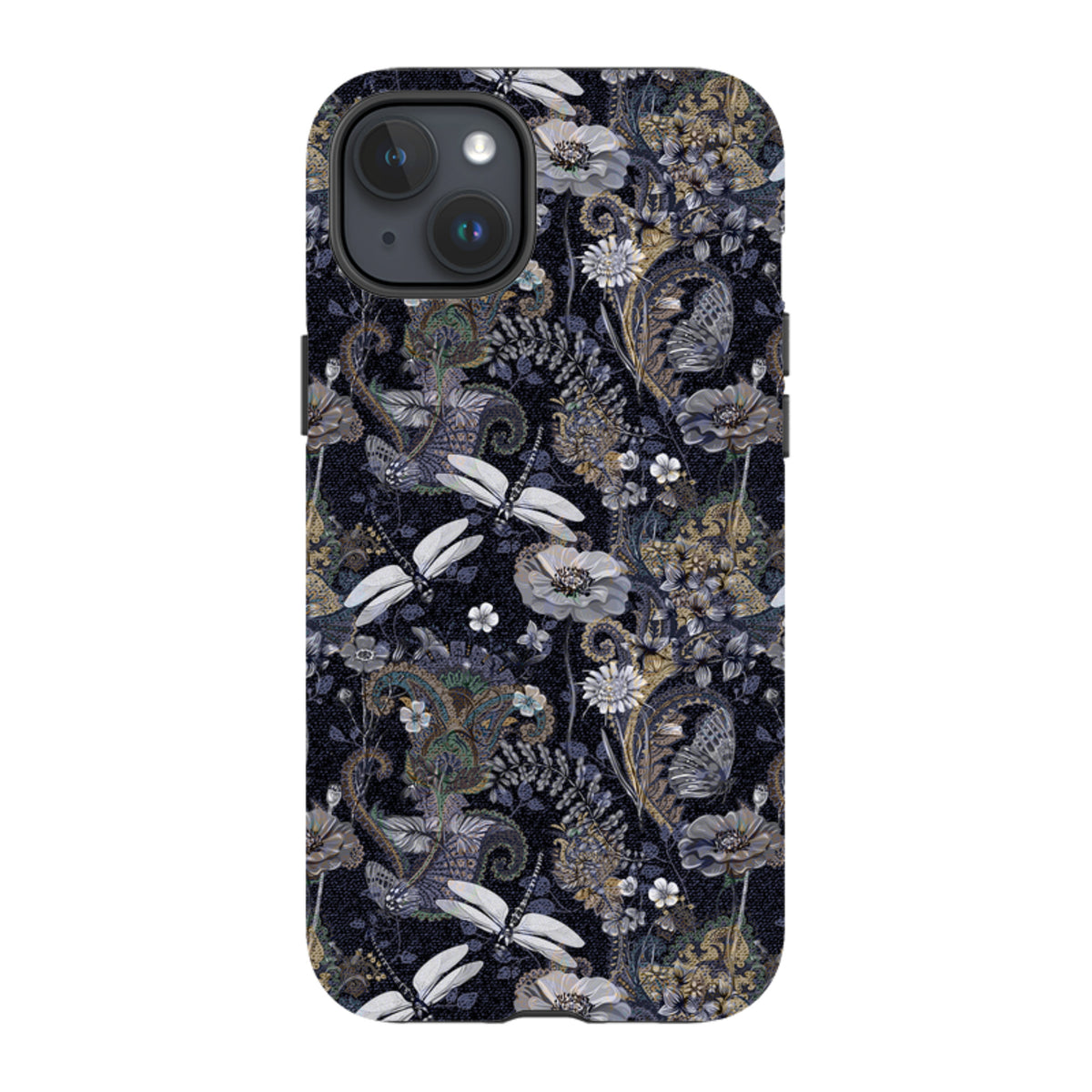 iPhone Tough Case featuring a dark Belsay floral and dragonfly pattern with a dual-layer protective design.