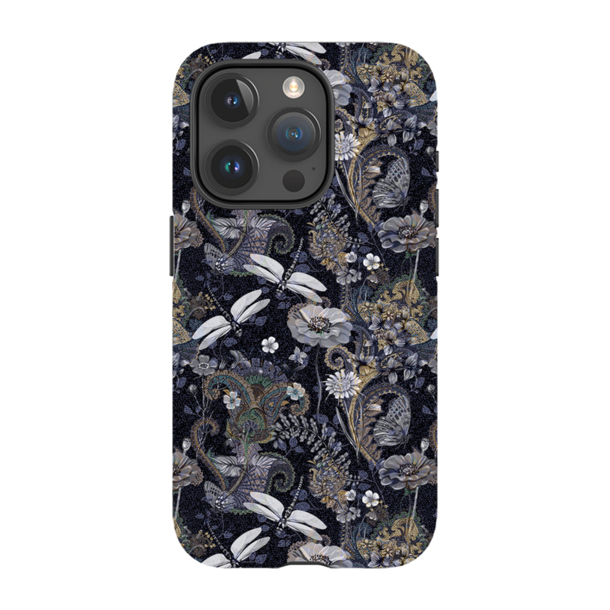 iPhone tough case with a dark Belsay pattern featuring white dragonflies, intricate floral motifs, and paisley details.