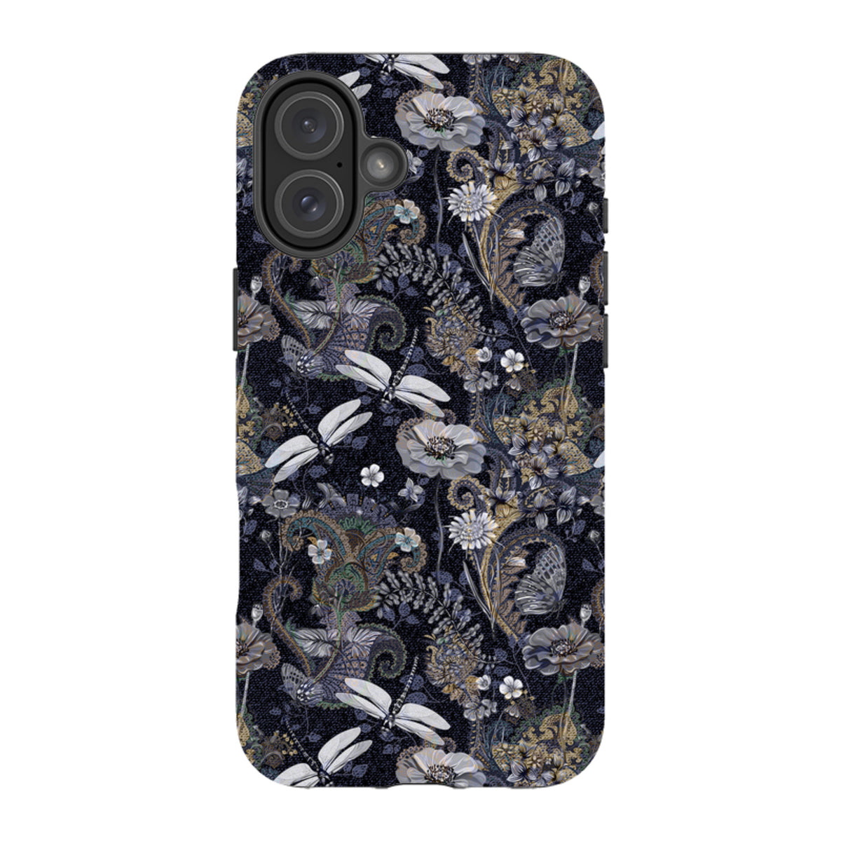 iPhone tough case featuring a dark Belsay pattern with dragonflies, flowers, and intricate paisley details.
