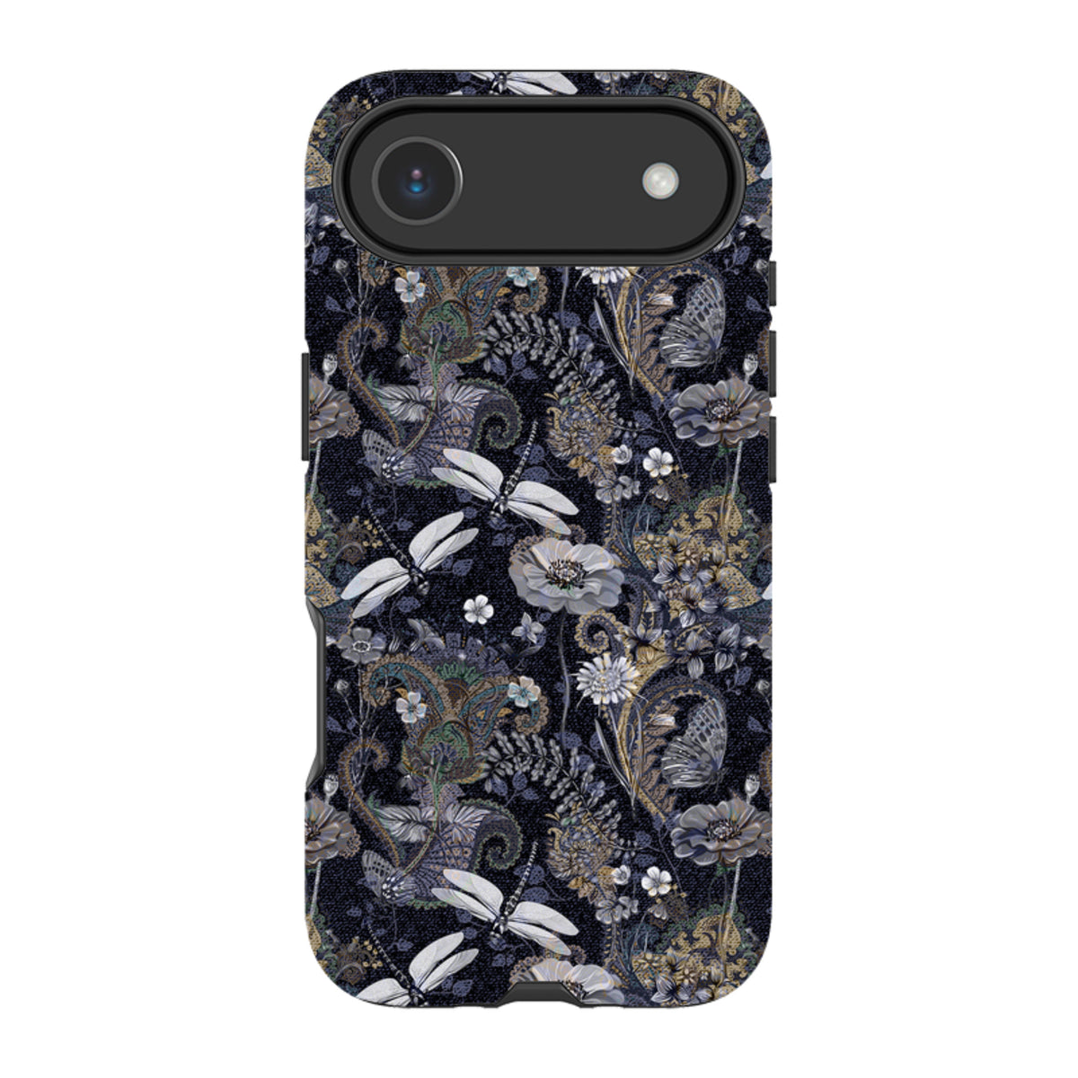 iPhone tough case featuring a dark Belsay pattern with dragonflies, flowers, and paisley prints in a dual-layer design.