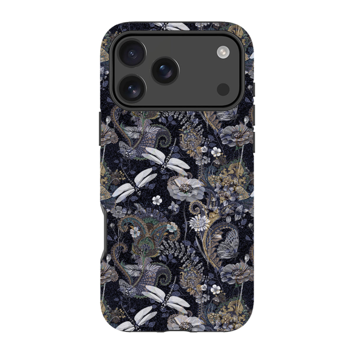 iPhone tough case featuring a dark Belsay floral and dragonfly pattern with a protective dual-layer design.