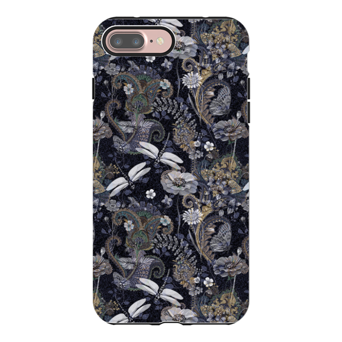 iPhone tough case with a dark Belsay floral and dragonfly pattern, featuring a dual-layer design and precise camera cutout.