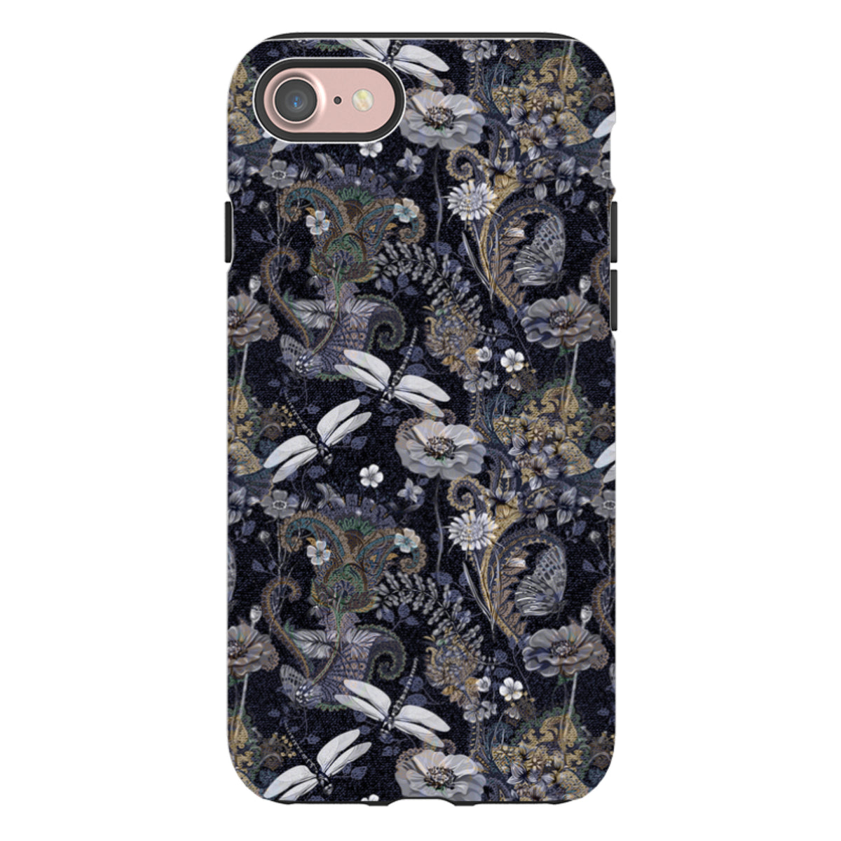 iPhone tough case with a dark Belsay floral and dragonfly pattern, featuring a dual-layer design and raised camera bezel.