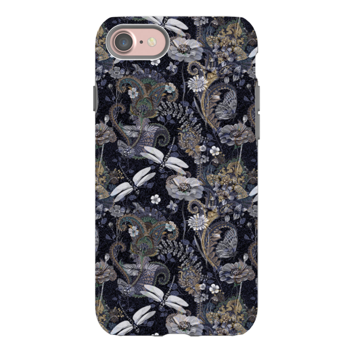 iPhone tough case featuring a dark Belsay pattern with dragonflies, flowers, and paisley motifs in a dual-layer design.