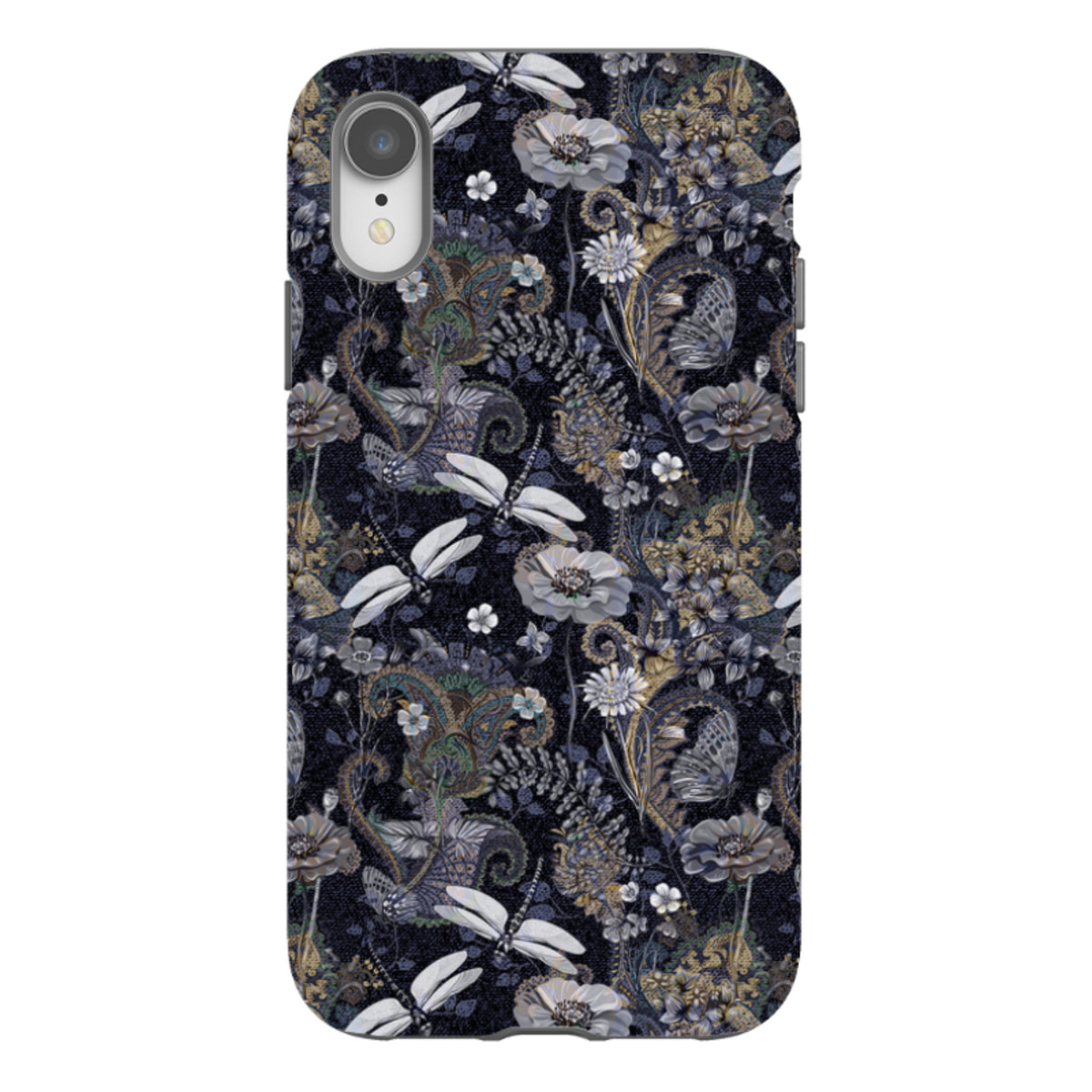 iPhone tough case featuring a dark Belsay floral and dragonfly pattern with a durable dual-layer protective shell.