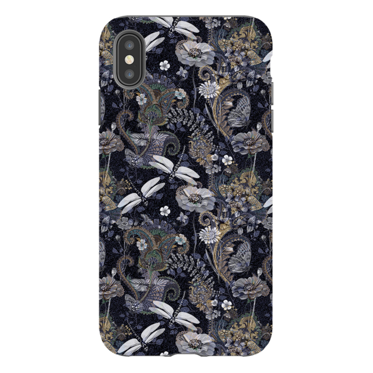 iPhone tough case featuring a dark Belsay floral and dragonfly pattern with a durable dual-layer protective shell.