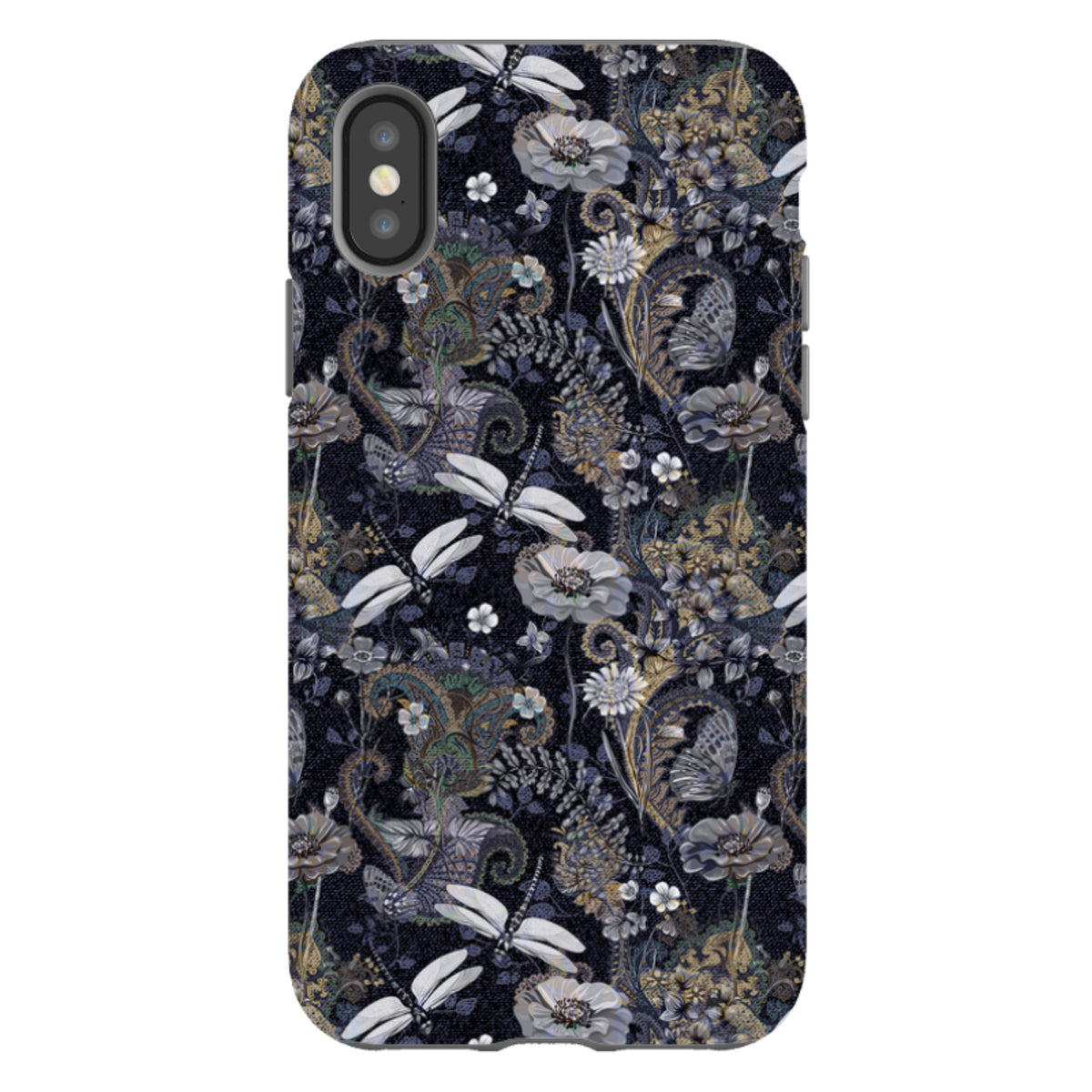 iPhone tough case featuring a dark Belsay floral and dragonfly pattern with dual-layer protection and precise cut-outs.