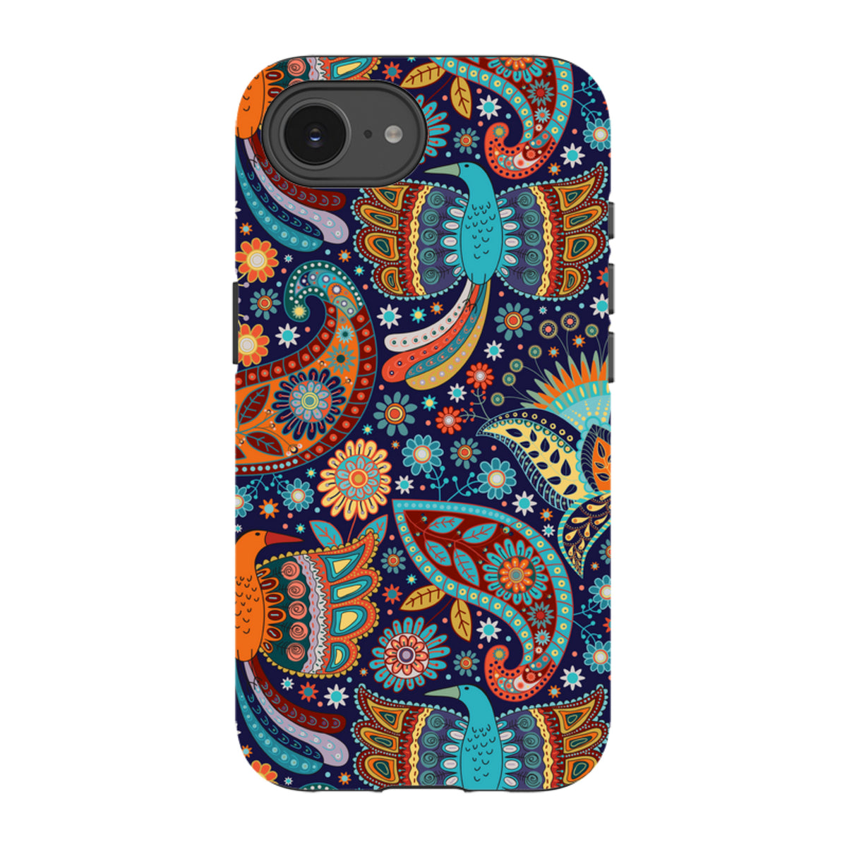 iPhone Tough Case featuring a colorful Bettyhill paisley and bird pattern on a dark blue background with dual-layer protection.
