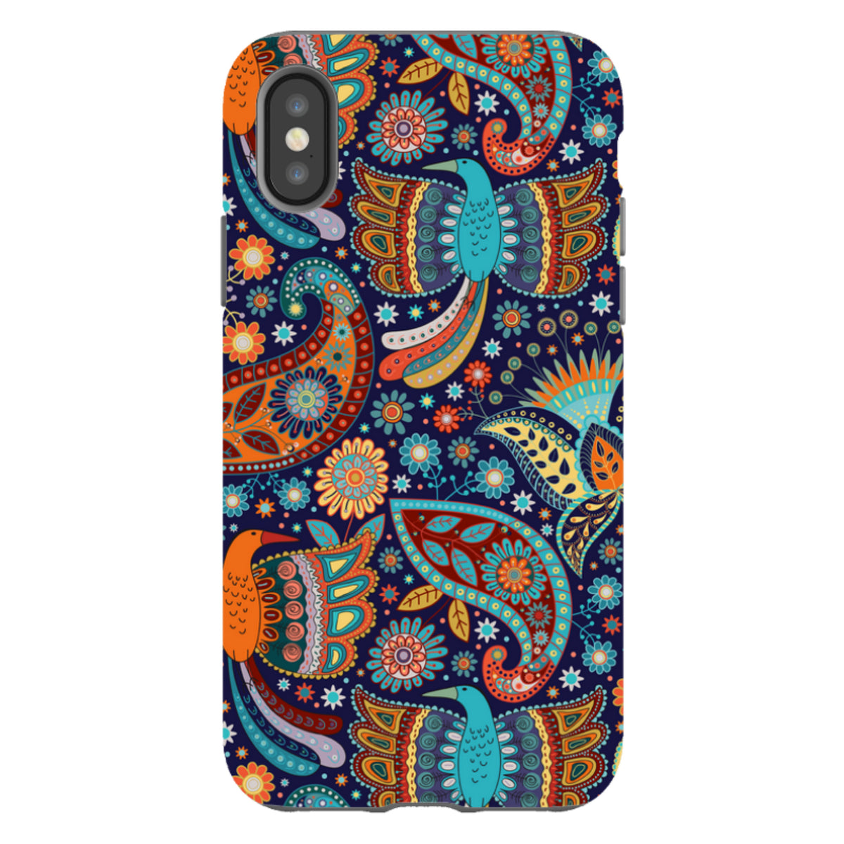 Dual-layer iPhone Tough Case with a vibrant, colorful paisley and bird pattern on a dark blue background.