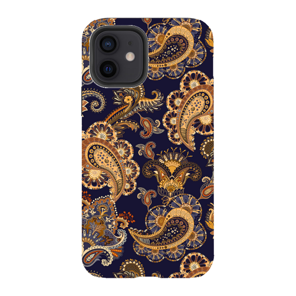 iPhone Tough Case featuring a dark blue background with intricate, high-definition orange and gold paisley patterns.