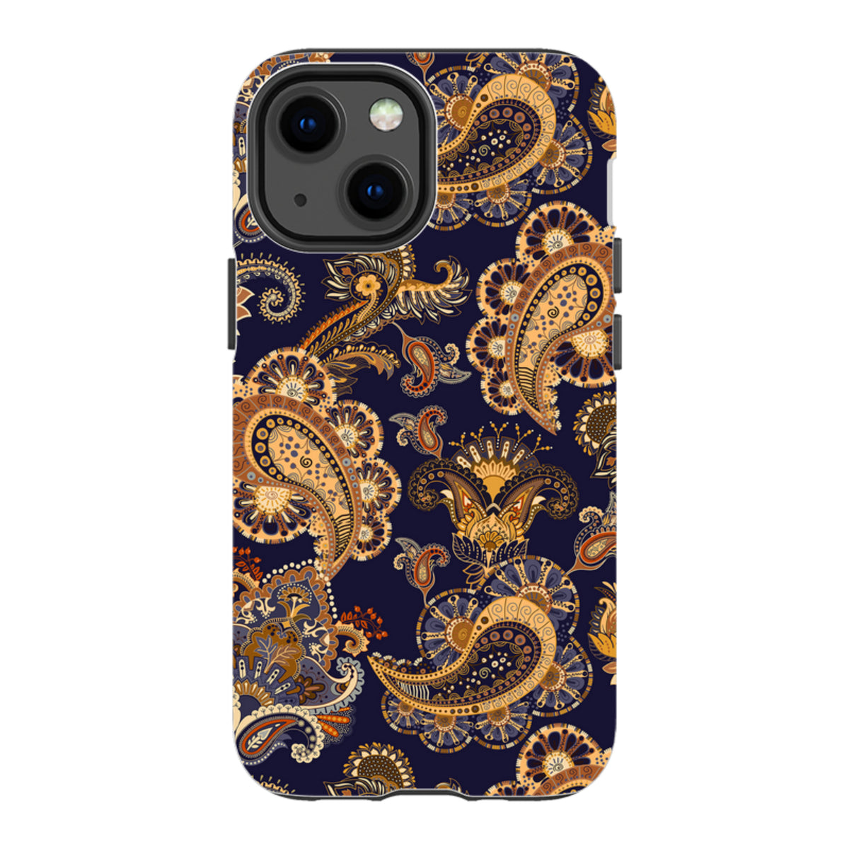 iPhone tough case featuring a dark blue background with intricate, high-definition orange and gold paisley artwork.