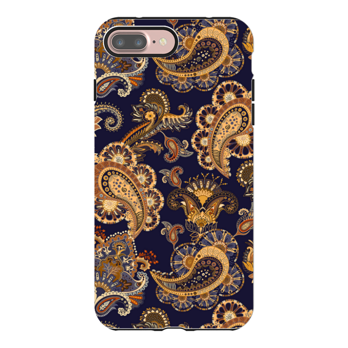 iPhone Tough Case in Bibury print featuring intricate gold, brown, and navy blue paisley patterns on a dual-layer shell.