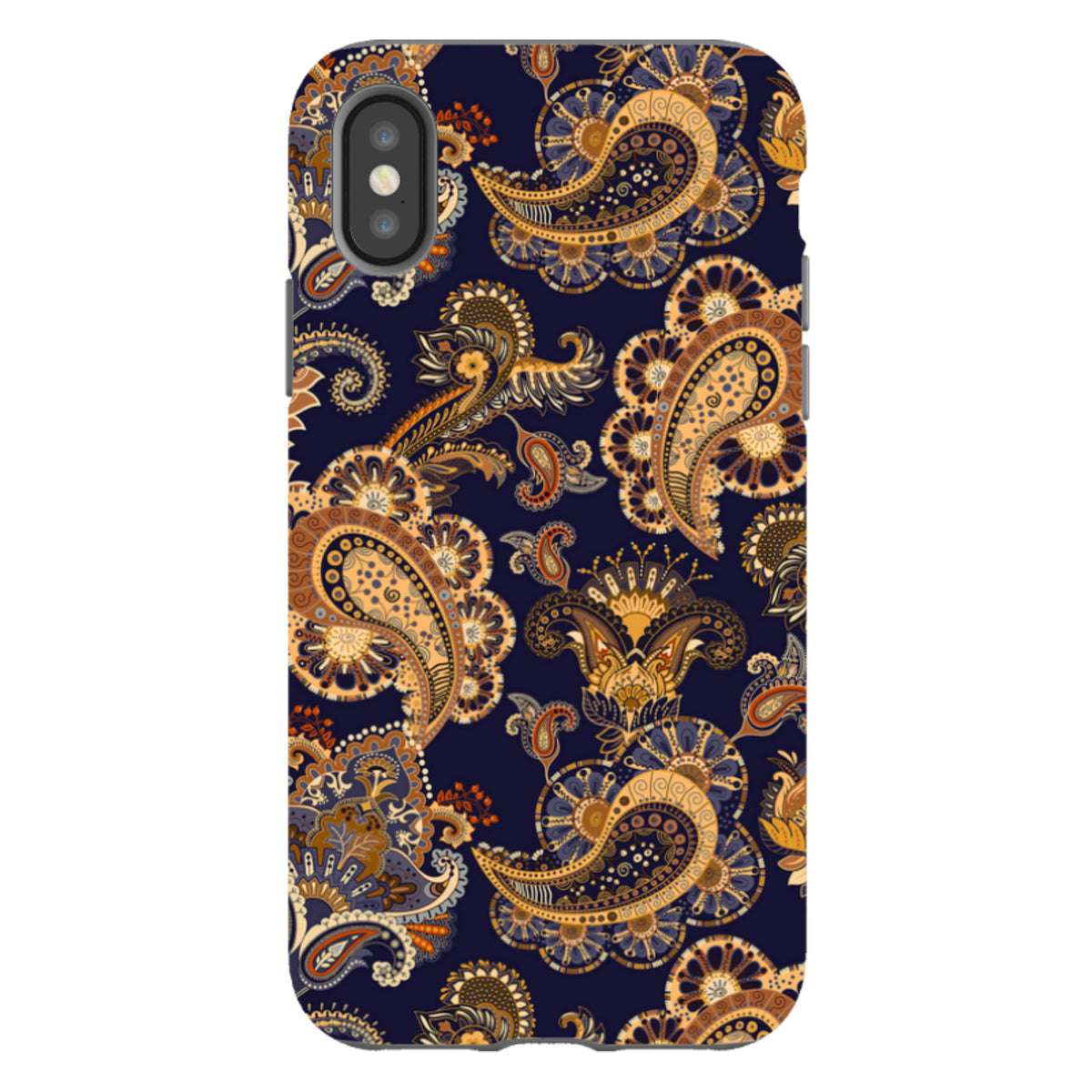 iPhone Tough Case featuring a dark blue background with intricate, high-definition gold and orange paisley patterns.