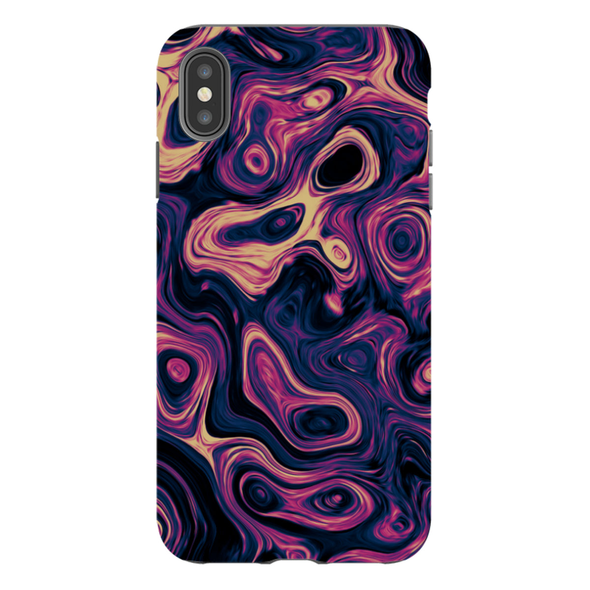 iPhone Tough Case featuring a swirling, high-definition abstract pattern in vibrant shades of purple, blue, and gold.