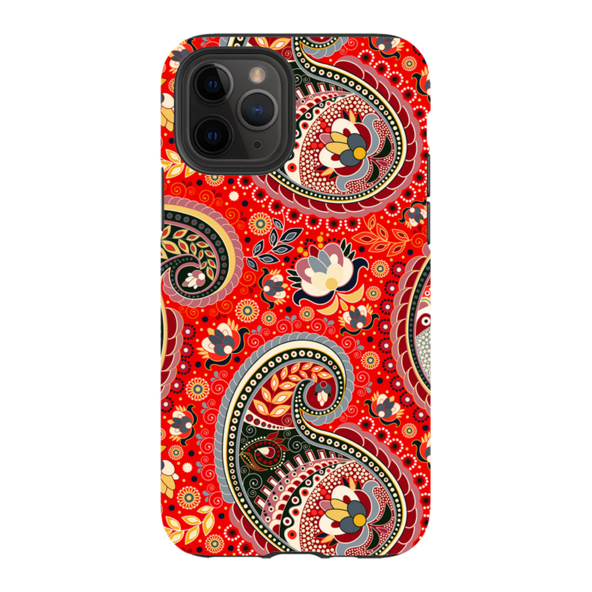 iPhone tough case featuring a vibrant red paisley pattern with intricate floral details and a durable dual-layer design.