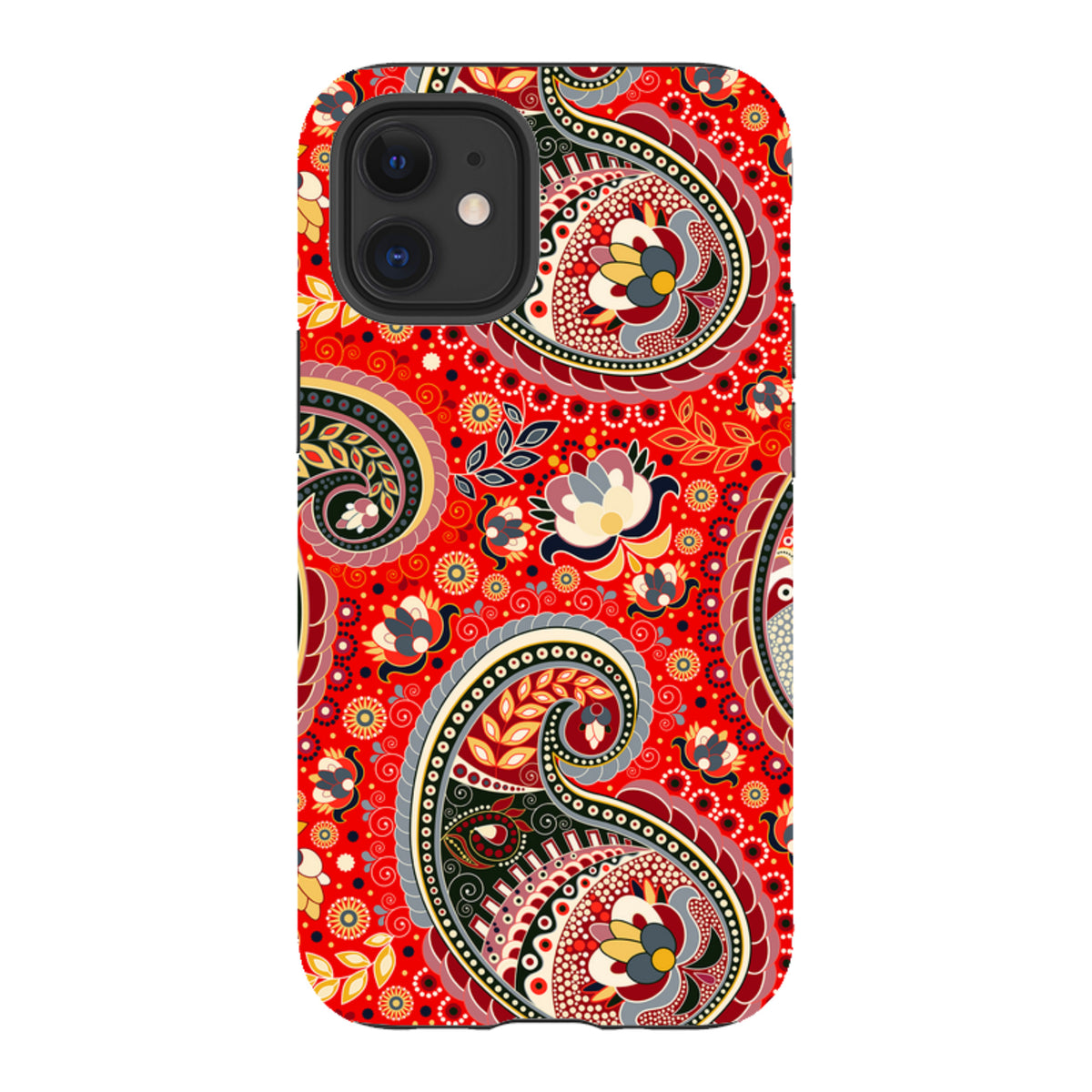 iPhone Tough Case in Billingshurst design featuring a vibrant red paisley floral pattern with a durable dual-layer finish.