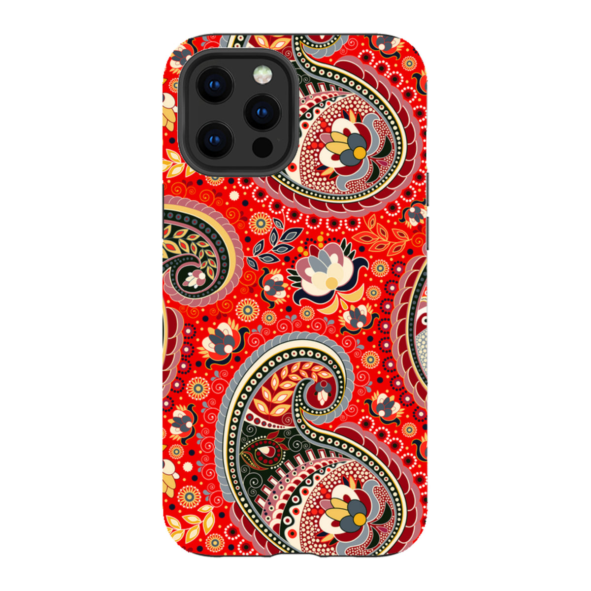 iPhone tough case featuring a vibrant red paisley pattern with intricate floral details and a durable dual-layer design.