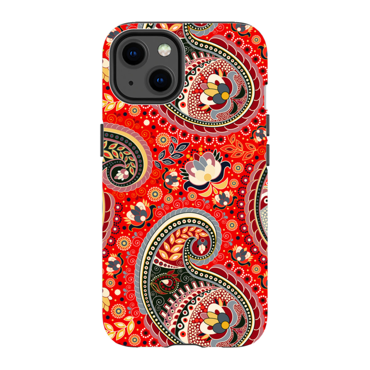 iPhone Tough Case in Billingshurst print featuring a vibrant red background with intricate, multi-colored paisley patterns.