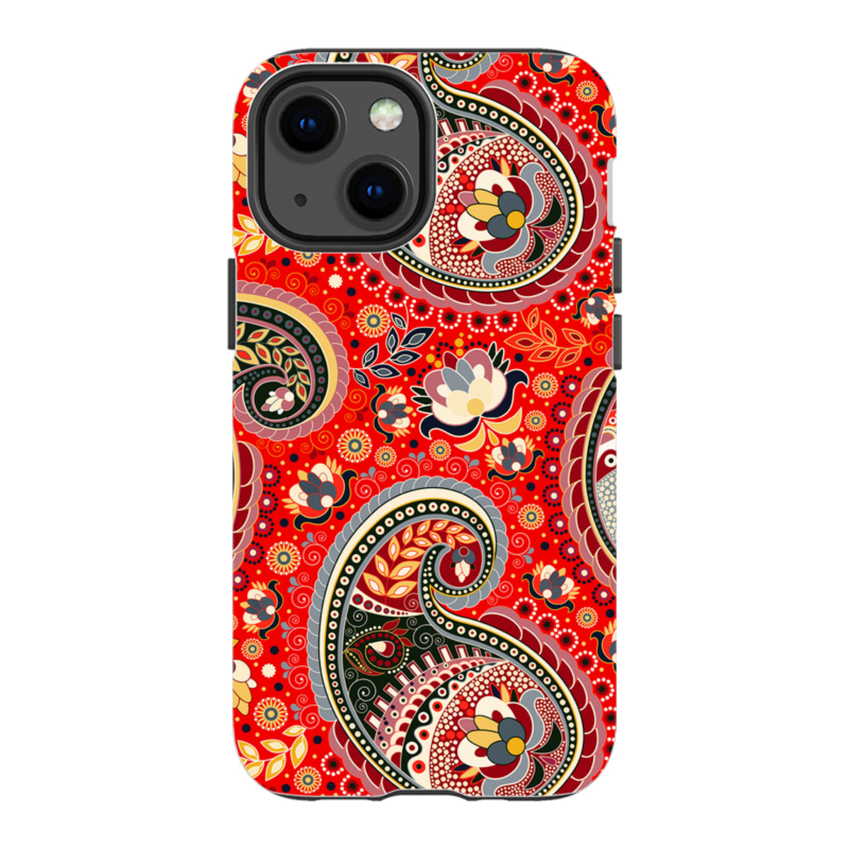 iPhone Tough Case featuring a vibrant red paisley pattern with intricate floral details and a durable dual-layer finish.