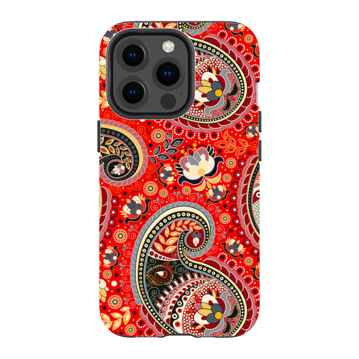 iPhone Tough Case in Billingshurst design featuring a vibrant red paisley pattern with intricate floral details.