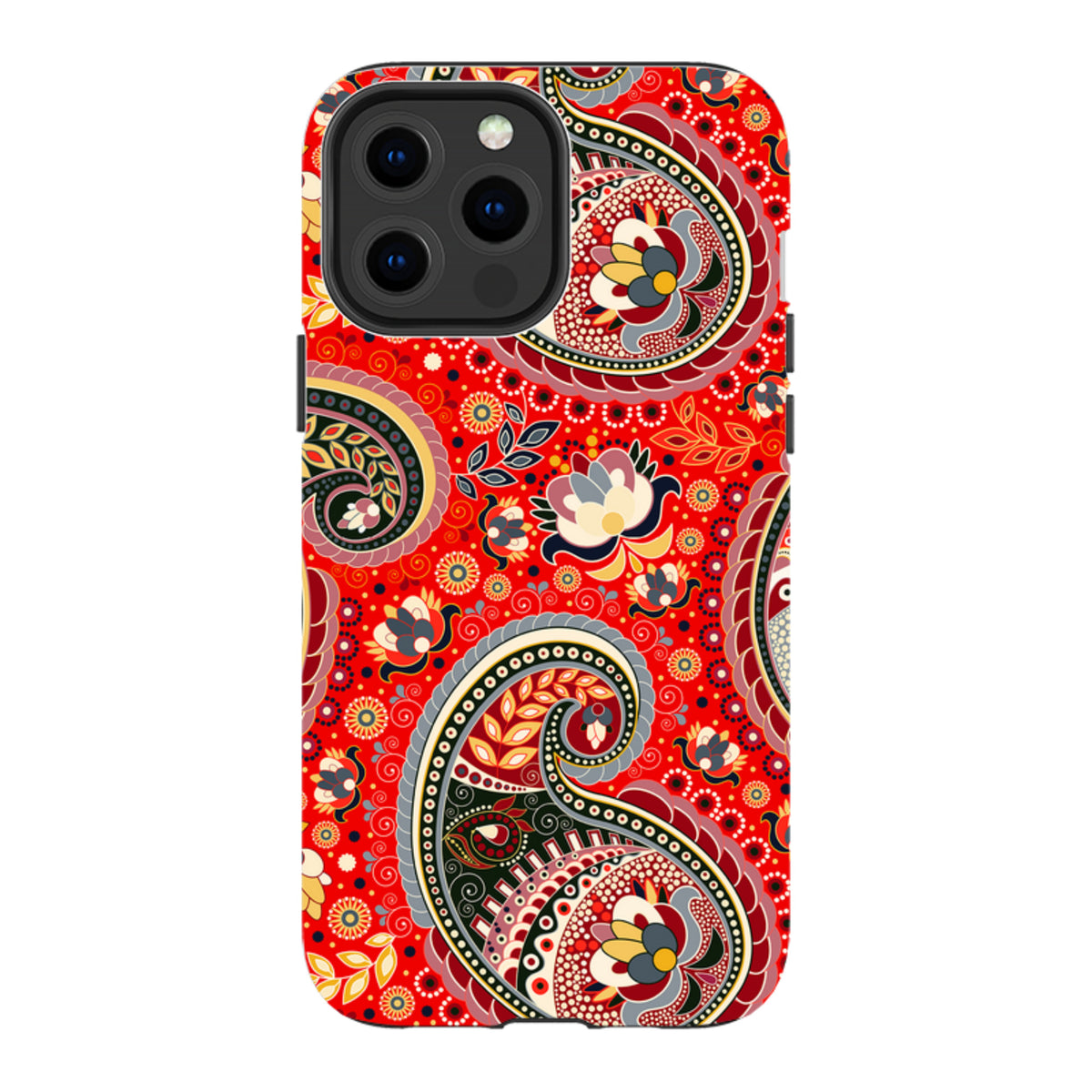 Red dual-layer iPhone tough case featuring a vibrant, high-definition paisley and floral pattern with edge-to-edge printing.