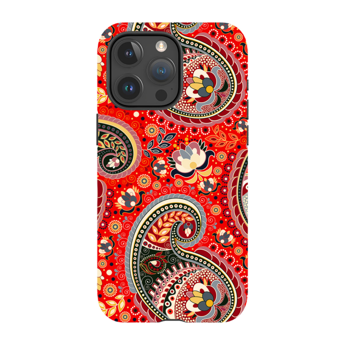 iPhone tough case with a vibrant red paisley floral pattern and dual-layer protective shell for high-definition style.