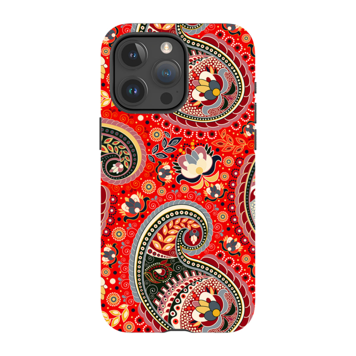 iPhone Tough Case in Billingshurst print featuring a vibrant red background with intricate floral and paisley patterns.