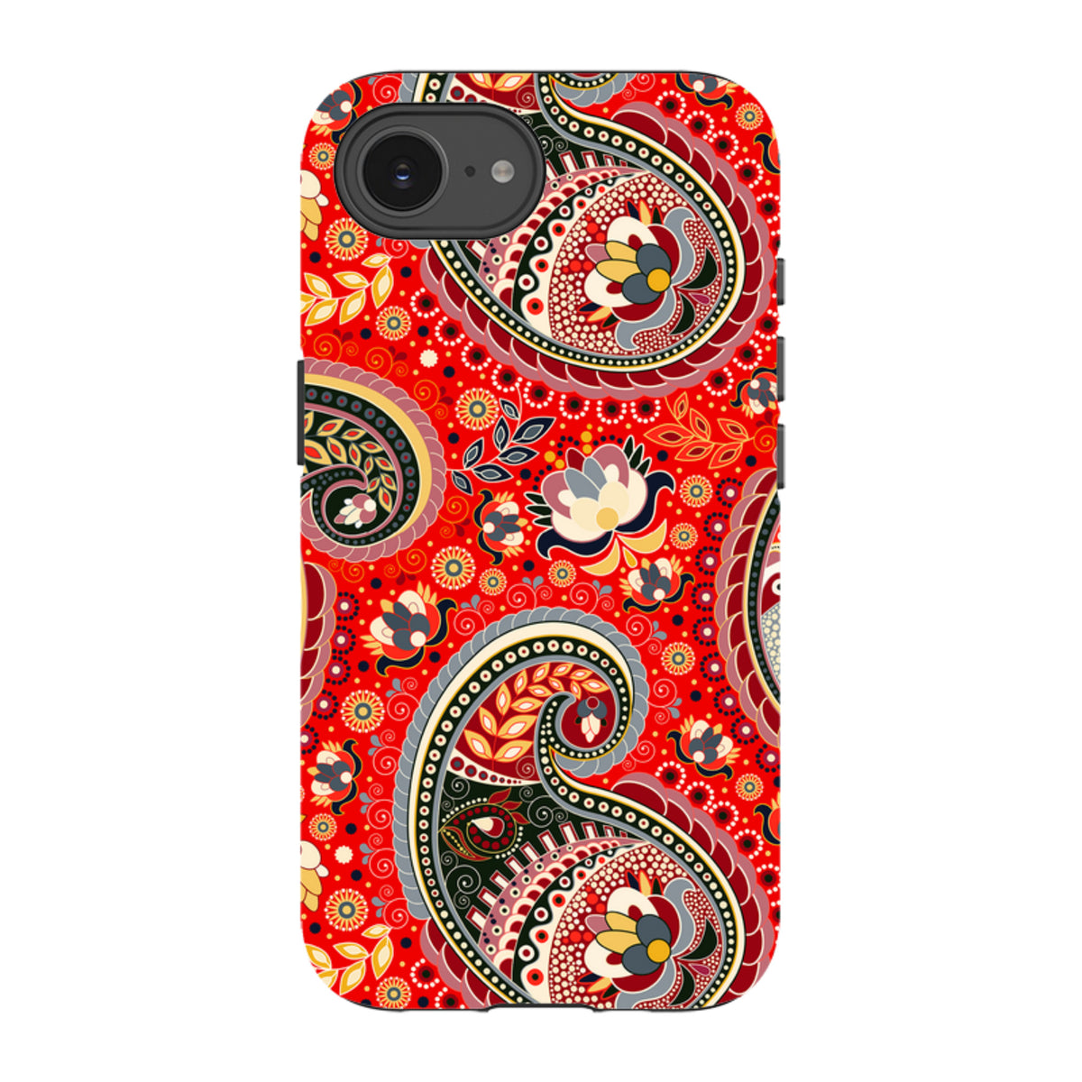iPhone Tough Case with a vibrant red paisley pattern, featuring a dual-layer design and precise camera cut-outs.