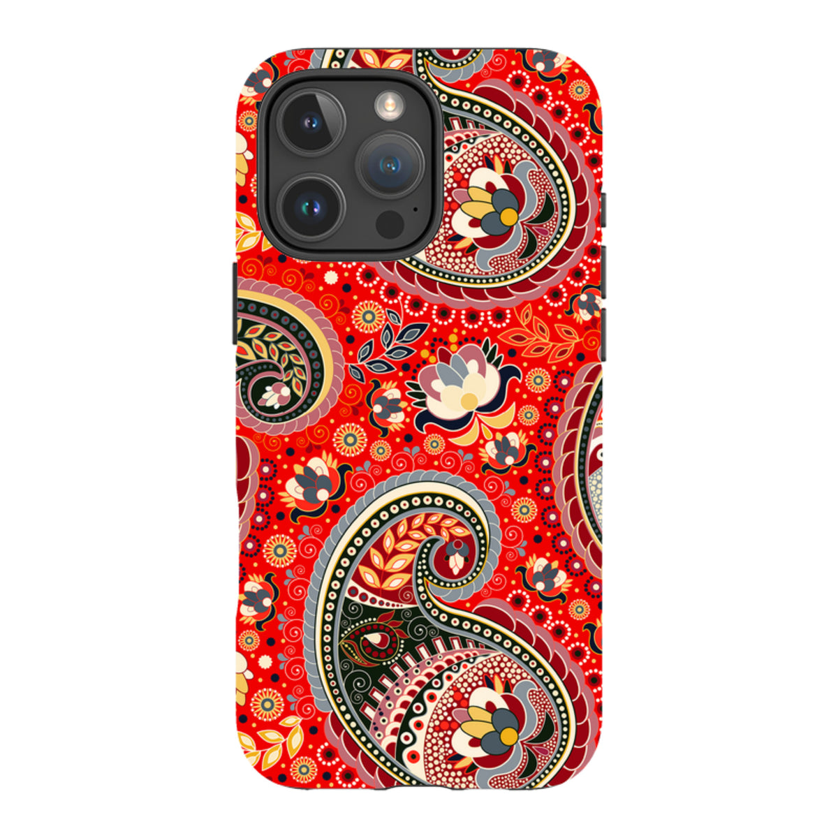 iPhone tough case featuring a vibrant red paisley and floral pattern with a durable dual-layer protective design.