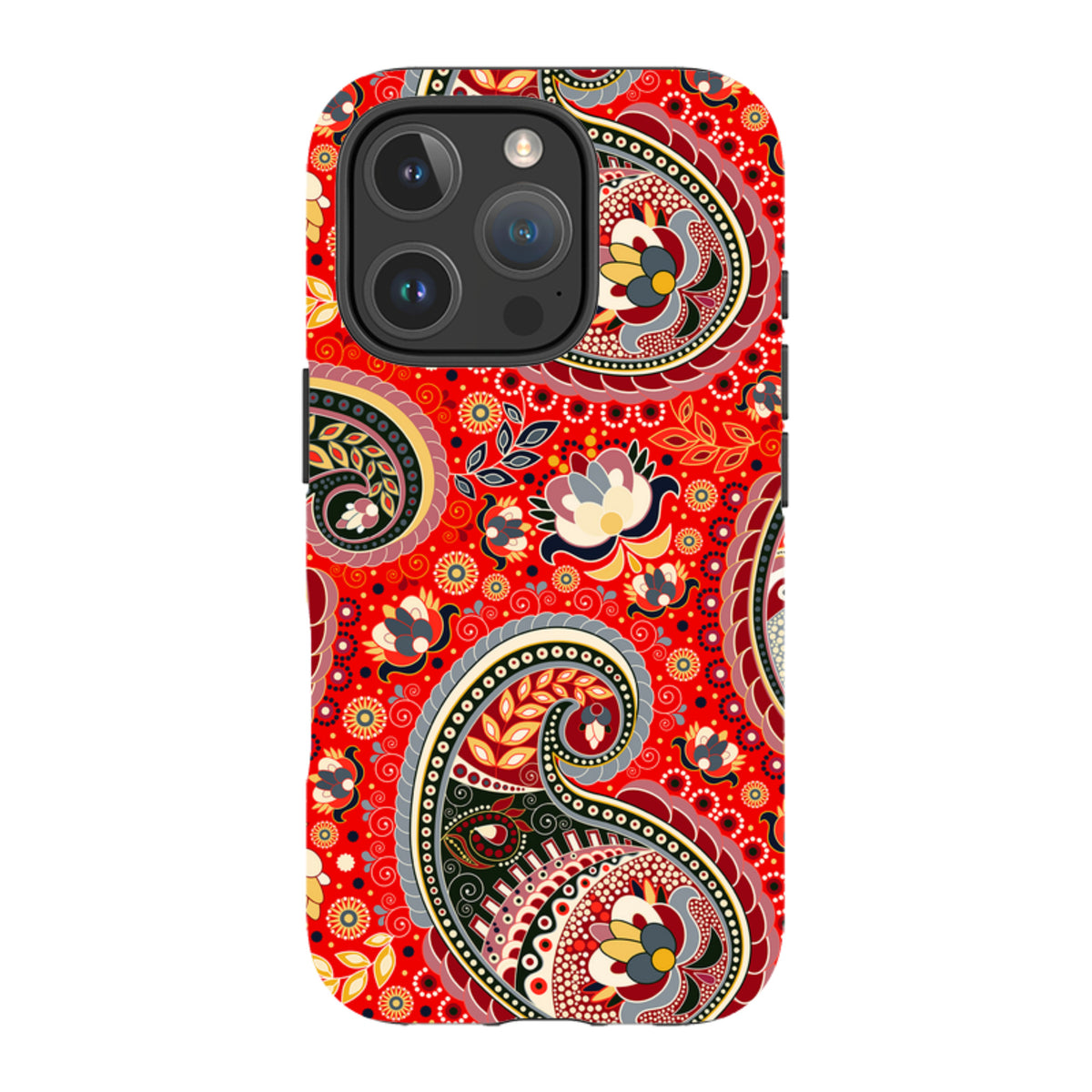 iPhone tough case featuring a vibrant red paisley pattern with intricate floral details and a protective dual-layer design.