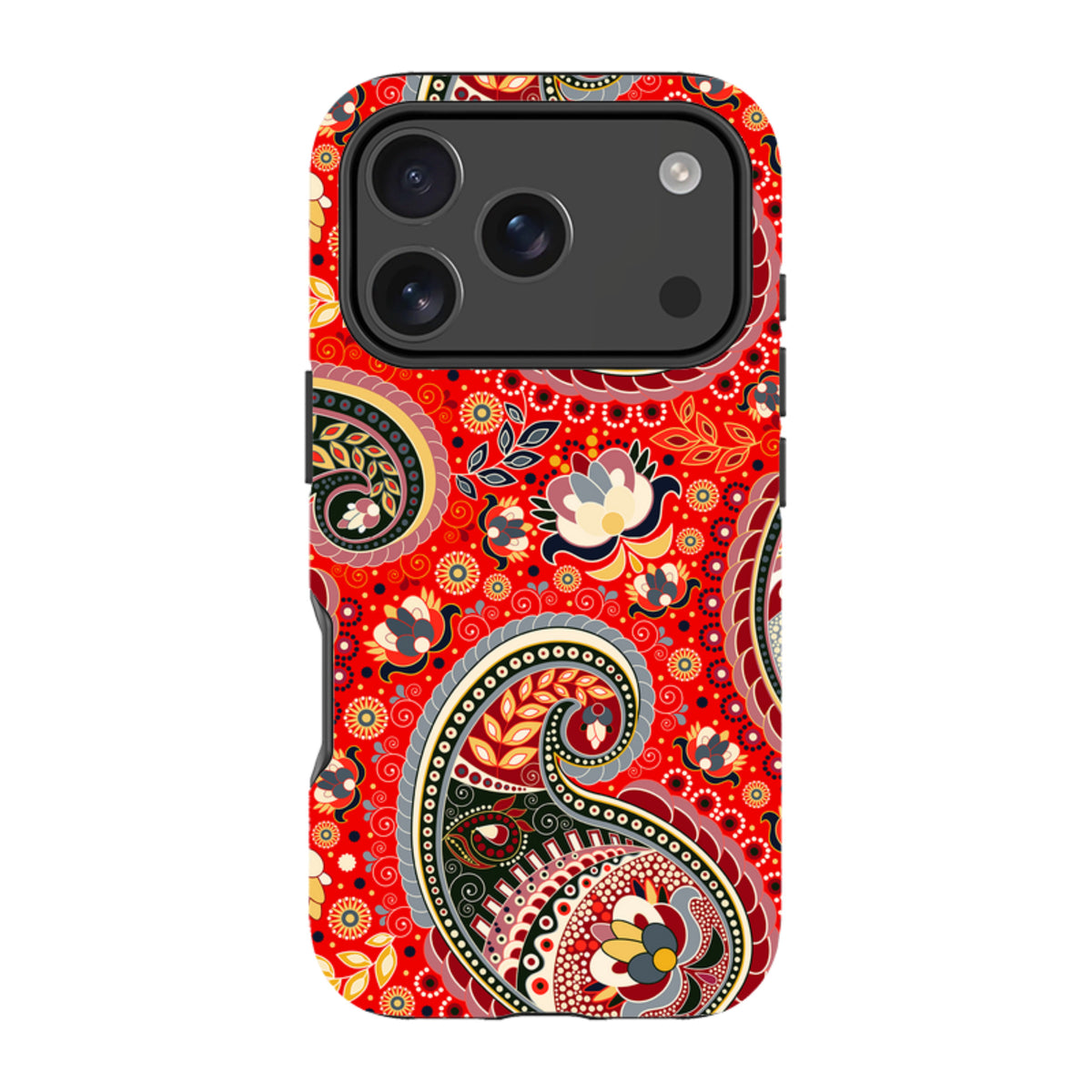 iPhone Tough Case in Billingshurst design featuring a vibrant red paisley pattern with intricate floral and swirl motifs.