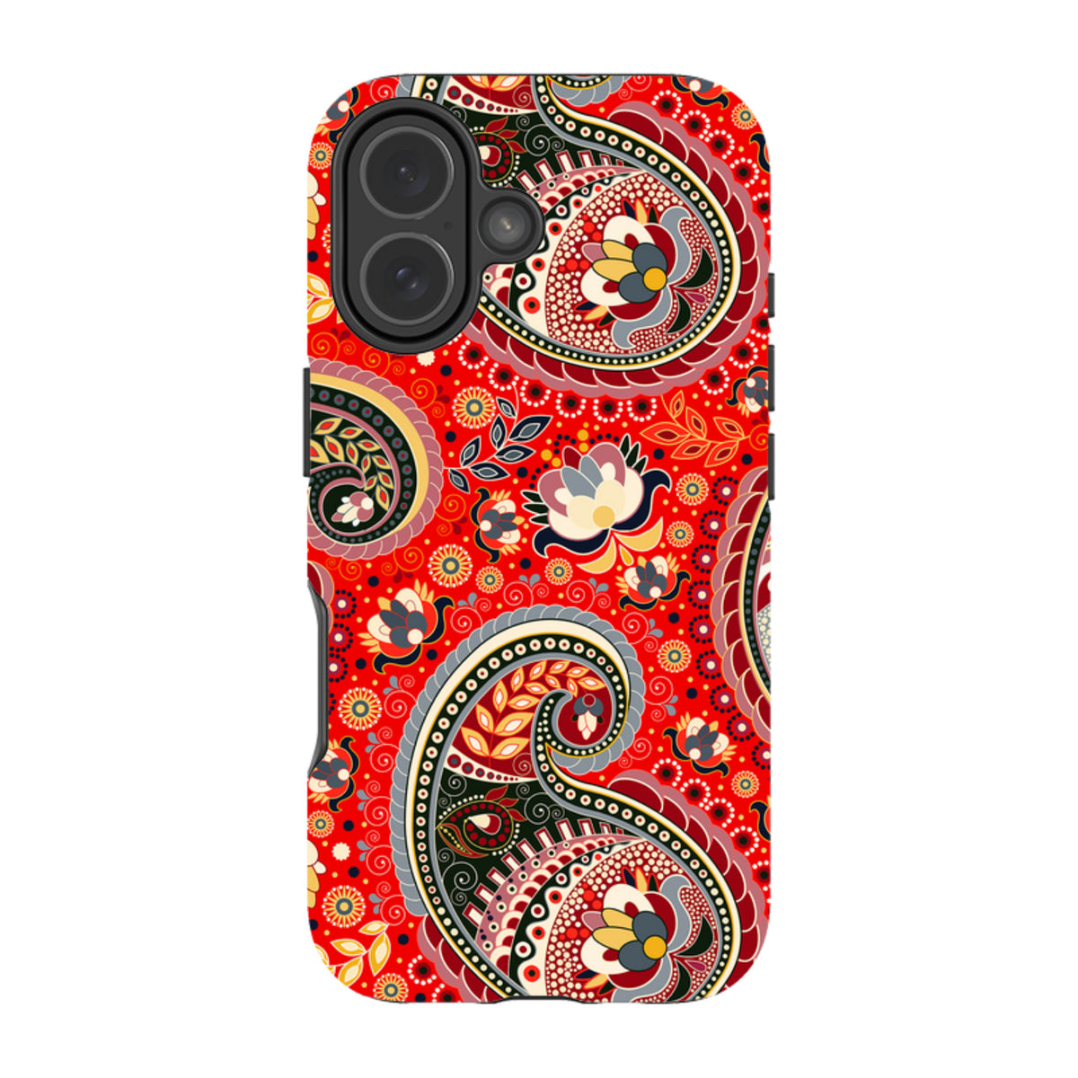 iPhone tough case with a vibrant red paisley pattern, featuring dual-layer protection and precise camera cutouts.