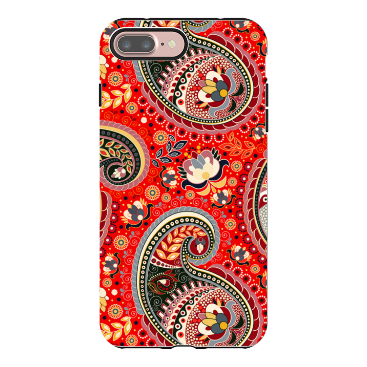 iPhone Tough Case in Billingshurst print featuring a vibrant red paisley pattern with intricate floral details.