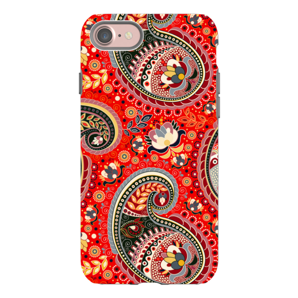 iPhone tough case with a vibrant red paisley pattern, featuring intricate floral motifs and a durable dual-layer design.
